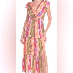Anna Kay multi color abstract tie front/tiered maxi dress - Size M